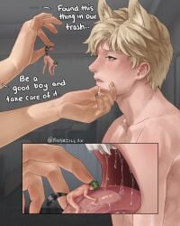 2boys 2d 3boys animal_ears animal_tail blonde_hair blush fangs feeding giant giant_male imminent_vore impending_vore jaspermintart kushzilla kushzillax lidded_eyes macro male male_focus male_only mawplay mawshot micro nude original original_character original_characters owned ownership pet petplay raccoon saliva speaking speech_bubble tail talking text text_bubble tongue vore