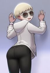 1boy against_wall ai_generated ass ass_focus butt butt_focus clothed hoodie human looking_back original_character platinum_blonde_hair pokemon pokemon_swsh pokemon_trainer smiling smiling_at_viewer solo solo_male sunglasses twink