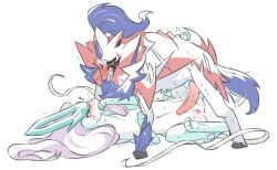 bodily_fluids duo female feral generation_2_pokemon generation_8_pokemon genitals hair hero_of_many_battles_zamazenta legendary_pokemon long_hair male male/female moocow nintendo penis pokemon pokemon_(species) sex simple_background suicune tears vulva white_background zamazenta