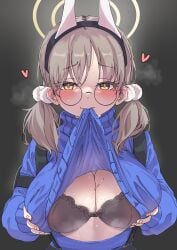 absurdres animal_ears between_breasts black-framed_eyewear black_bra blue_archive blue_sleeves blue_sweater blush bra breast_lift breasts brown_hair candy cleavage closed_mouth clothes_in_mouth clothes_lift commentary dot_nose fake_animal_ears female food forehead glasses hair_bobbles hair_ornament halo heart heart-shaped_pupils highres huge_breasts lace-trimmed_bra lace_trim lollipop long_sleeves looking_at_viewer lovestruck low_twintails medium_hair moe_(blue_archive) mouth_hold parted_bangs pom_pom_(clothes) pom_pom_hair_ornament presenting_breasts rashford round_eyewear shadow shirt_in_mouth simple_background solo steaming_body straight-on suspenders sweat sweater sweater_lift symbol-shaped_pupils turtleneck turtleneck_sweater twintails underwear upper_body yellow_eyes