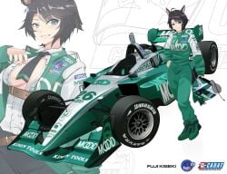 absurdres ahoge animal_ears belt black_hair black_necktie black_pants blue_eyes boots brand_name_imitation breasts brown_belt car cart center_frills champcar character_name cleavage commentary ear_ornament ear_piercing female female_only formula_racer frilled_shirt frills fuji_kiseki_(shooting_star_revue)_(umamusume) fuji_kiseki_(umamusume) full_body green_boots grin hair_between_eyes hand_on_own_hip helmet highres holding holding_unworn_helmet holeecrab horse_ears horse_girl horse_tail indycar_series jacket long_sleeves looking_at_viewer medium_breasts motor_vehicle multicolored_hair necktie open_clothes open_jacket pants partially_unbuttoned piercing race_vehicle racecar racing_suit shirt short_hair sidelocks smile standing tail umamusume umamusume_pretty_derby underbust unworn_headwear unworn_helmet white_hair white_shirt zoom_layer