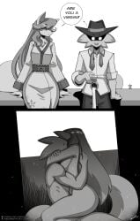 ambiguous_penetration anthro are_you_a_virgin?_(meme) biped bodily_fluids breasts canid canine ceroba_(undertale_yellow) ceroba_ketsukane clothed clothing dialogue duo eyebrows female fingers fox fur hair hi_res lyorenth-the-dragon male male/female mammal nude_anthro nude_male open_mouth penetration penile penile_penetration sex standing starlo_(undertale_yellow) sweat tail text undertale_yellow