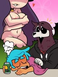 arm_on_breast beer beer_can big_breasts big_thighs black_hair blue_hair chubby_female demon demon_and_mess dethlamm dreaming drunk drunk_bubble eyeless_female fani_(muyhiram) layla_(muyhiram) long_hair muyhiram short_hair skull_head smiling