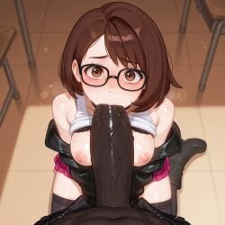 1boy ai-generated ai_generated bangs black-framed_eyewear black_choker black_footwear black_jacket blush boots breasts brokewyt brown_eyes brown_hair choker dark-skinned_male dark_skin erection fellatio female from_above glasses gloria_(pokemon) indoors interracial jacket large_penis leather looking_at_viewer looking_up medium_breasts nipples off_shoulder open_clothes open_jacket oral pants penis pink_skirt pokemon_swsh pov saliva saliva_trail short_hair sitting skirt solo_focus straight thighhighs tile_floor tiles uncensored underwear v_arms veins veiny_penis wariza