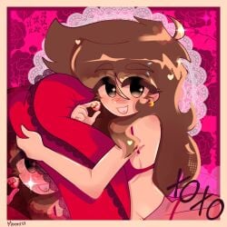 big_ass big_butt black_eyes blush brown_hair earings happy heart heart_pillow heart_tongue hug light-skinned_female light_skin love moonrux moonrux_(artist) on_pillow one_girl pelvic_line pillow pillow_grab pillow_hug red_background red_bra red_clothing red_panties red_sarong red_thong sarong sparkling_eyes xoxo