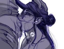 1boy airpods baseball_cap close-up clothes_pull commentary cum cum_overflow deepthroat ear_piercing earrings fellatio fellatio_under_mask female fingernails from_side greyscale hair_bun hair_through_headwear hand_on_another's_head hat head_grab highres irrumatio jewelry long_fingernails long_hair makeup mask mask_lift monochrome mouth_mask nagainosfw oral original pants pants_pull piercing runny_makeup saliva single_hair_bun solo_focus straight sunglasses surgical_mask teardrop_earrings testicles throat_bulge uncensored untranslatable_commentary wireless_earphones