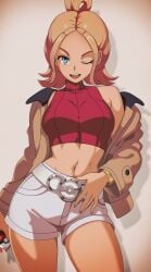 1girls blue_eyes clothed_female crop_top jacket looking_at_viewer mega_ring nintendo one_eye_closed open_mouth pokeball pokemon pokemon_legends:_z-a pokemon_za pose posing shorts solo_female stomach strawberry_blonde_hair taunie_(pokemon) townie_(pokemon) turtleneck vivivoovoo white_shorts wink winking winking_at_viewer