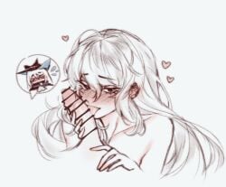 >_< 2girls arknights bar_censor black_hat blush censored commentary ear_blush english_commentary fellatio futa_with_female futanari grey_hair hat heart licking licking_penis long_hair mixed-language_commentary multiple_girls oral orz_(kagewaka) penis red_eyes simple_background skadi_(arknights) specter_(arknights) white_background