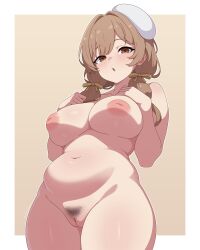 absurdres ai-assisted beret border bready_(nikke) breasts brown_background brown_eyes brown_hair cleavage cleft_of_venus collarbone commentary completely_nude cowboy_shot english_commentary female female_pubic_hair goddess_of_victory:_nikke groin guilegaze hair_intakes hair_over_shoulder hair_ribbon hands_on_own_chest hands_up hat highres inverted_nipples large_breasts light_blush long_hair looking_at_viewer low_twintails navel nipples nude outside_border parted_bangs parted_lips plump pubic_hair puffy_nipples pussy ribbon shiny_skin sidelocks simple_background solo stomach swept_bangs thighs tilted_headwear twintails uncensored white_border white_hat yellow_ribbon