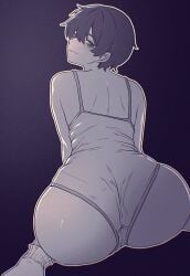 1girls absurd_res ass ass_focus bedroom_eyes black_background from_behind highres huge_ass large_ass lee_mi-young_(spoiledmuffin) looking_back original short_hair shorts simple_background socks solo spoiledmuffin tank_top tomboy very_short_hair