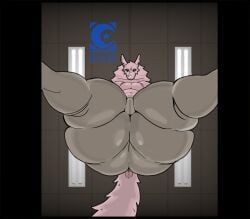 absurd_res anthro ass big_butt bottomwear breasts clothing exposed_breasts facesitting_pov female first_person_view fuzzy half-closed_eyes hi_res k'enna looking_at_viewer male male/female narrowed_eyes office pants pink_body plubo_the_monstersmith solo teratophilia watermark