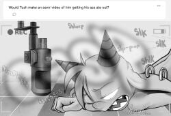 absurd_res ass_up camera_view clothed clothing demon digital_media_(artwork) ear_piercing ear_ring electronics english_text greyscale half-closed_eyes hi_res horn humanoid imp male microphone monochrome narrowed_eyes no_visible_genitalia non-human non-human_head non-human_only not_furry one_eye_closed onomatopoeia open_mouth piercing recording ring_piercing sex simple_background sound_effects teeth text toony tush_(artist) tush_(character)