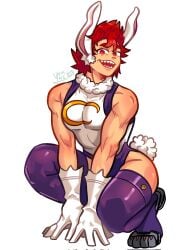 1boy ass athletic_male bara bunny_ears bunnysuit clothed clothing cosplay costume eijirou_kirishima hunk male male_only miruko_(cosplay) muscles muscular muscular_male my_hero_academia pecs red_eyes red_hair sharp_teeth smiling solo solo_male squatting