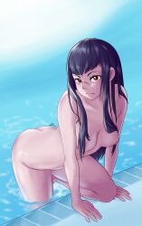 ass big_breasts cross_code long_hair medium_breasts pool pov purple_hair riolea shizuka_(cross_code) shizuka_sakai wet_body