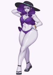 aqua_nails bracelet breasts cleavage curvy earrings female gold_bracelet hat highres jewelry looking_to_the_side low_block_heels my_little_pony my_little_pony:_equestria_girls my_little_pony:_friendship_is_magic nire nire_(nirefuster) pearl_bracelet purple_hair rarity_(eg) rarity_(equestria_girls) rarity_(mlp) rarity_(my_little_pony) simple_background solo sun_hat swimsuit thighs wristband