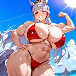 abs ai ai_generated big_breasts flexing flexing_bicep gold_ship_(umamusume) huge_breasts muscles muscular_female red_bikini simpynk six_pack solo umamusume