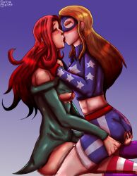 2girls blonde_hair corvo_caotico courtney_whitmore cyclone cyclone_(dc) dc dc_comics female female_only ginger_hair kissing lesbian_sex multiple_girls star_girl stargirl toy yuri