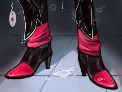 2boys adamdragonn alastor_(hazbin_hotel) artist_name black_shoes cum cum_on_floor cum_on_shoe english_commentary feet feet_only foot_focus hazbin_hotel heart hellaverse high_heels highres lucifer_morningstar_(hazbin_hotel) male_focus multicolored_shoes multiple_boys photo-referenced red_shoes shoes speech_bubble spoken_heart trembling_legs yaoi