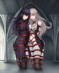 2girls arms_behind_back bondage bound bound_ankles bound_arms bound_breasts bound_legs bound_together breast_bondage crotch_rope drool drooling female female_only femsub fully_clothed rope yeyue