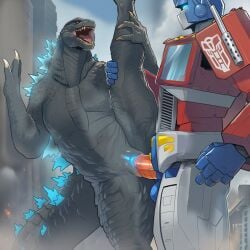 1boy 1girls ai_generated anthro female giant_female giant_male godzilla godzilla_(series) humanoid lizard machine male male/female optimus_prime penetration penis robot scales scalie standing_sex standing_split straight transformers vagina vaginal_penetration