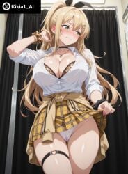 ai_generated arm_up big_breasts blonde_hair blush bra cameltoe curvy goddess_of_victory:_nikke gyaru huge_breasts kikia1 nikke panties presenting_panties rupee_(nikke) shirt short_skirt shy skirt skirt_lift standing white_panties wide_hips