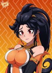 anran black_hair boobjob breasts breasts_out chinese_clothes cum cum_in_mouth cum_on_body cum_on_breasts cum_on_hair cum_on_upper_body cumshot_in_mouth earrings excessive_cum female_focus nipples overwatch overwatch_1 overwatch_2 penis phoenix ponytail red_eyes ripped_clothing ripped_dress ripped_shirt vampy_squid