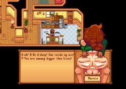 1boy 1girls ass ass_focus ass_grab balls ballsack big_ass big_penis brown_hair child_bearing_hips dialogue farmer_(stardew_valley) female female_focus huge_ass kitchen long_hair male marnie_(stardew_valley) ntr panties panties_around_one_leg penis pixel_art sex sprites stardew_valley tagme theevilfallenone thick_thighs thighhighs thighs vaginal vaginal_penetration video