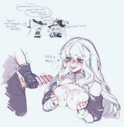 2girls arknights black_gloves breasts commentary cum cum_on_body ejaculation english_commentary futa_with_female futanari futanari_masturbation gloves grey_hair highres large_breasts long_hair masturbation mixed-language_commentary multiple_girls open_mouth orz_(kagewaka) penis red_eyes sharp_teeth simple_background skadi_(arknights) specter_(arknights) teeth white_background