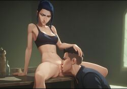 ai_generated arcane blue_eyes blue_hair caitlyn_(league_of_legends) caitlyn_kiramman cunnilingus female hand_on_head league_of_legends legs_apart licking_pussy netflix nude nude_female riot_games seductive_look sitting_on_desk slime_girl vagina