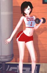 1girls arrancon black_hair black_hair_female gym_clothes gym_shorts gym_uniform half-dressed half_naked half_naked_female lifting_weights punching_bag ruby_rose rwby silver_eyes solo_female weights