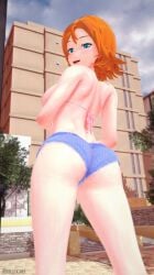 1girls 3d arrancon ass ass_focus blue_eyes half-dressed half_naked half_naked_female looking_back nora_valkyrie orange_hair orange_hair_female rwby shorts solo_female