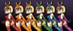 2024 big_ass big_breasts big_butt blonde_hair blue_clothing bodysuit claws dark_background dragon_mask dragon_suit fat_ass gradient_background green_clothing green_eyes hennah long_gloves looking_away muyhiram orange_clothing purple_clothing rainbow red_clothing sharp_claws smiling thigh_highs thighhighs year_of_the_dragon yellow_clothing