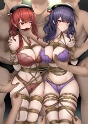 2girls angry angry_expression angry_face arms_behind_back azur_lane ball_gag bondage bound bound_arms bra crotch_rope female female_focus femsub gag gagged groping groping_breasts hat hourglass_figure male multiple_boys panties pola_(azur_lane) red_hair rope skindentation small_waist underwear yeyue zara_(azur_lane)
