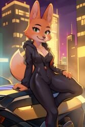1girls ai_generated anthro bodysuit breasts camel_toe cameltoe canine diane_foxington dreamworks female female_only fox front_zipper furry looking_at_viewer nuken-ai png smile solo the_bad_guys zipper