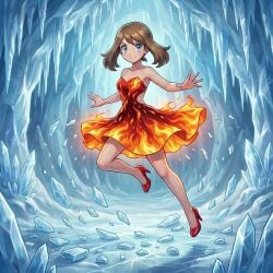 1girls 2d ai_generated blue_eyes brown_hair brunette_hair cave dynamic_pose female female_focus female_only fire ice light_skin looking_at_viewer may_(pokemon) pokemon stiletto_heels strapless_dress