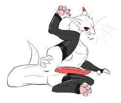 anal_request anus arm_warmers armwear ass black_clothing black_legwear black_thigh_highs claws clothing dialogue dragon femboy feral fingerless_armwear fur furred_dragon furred_scalie gagaga_ram genitals hand_on_butt hi_res legwear long_penis looking_at_viewer lying male markings mythological_creature mythological_scalie mythology on_side pawpads paws penis presenting presenting_anus presenting_hindquarters red_eyes red_markings requesting scalie sex_request skinny skinny_feral snout solo tail tail_anus talking_to_viewer tapering_penis tapering_tail thigh_highs whiskers white_body white_fur