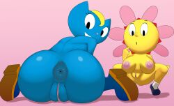 absurd_res anthro anus ass big_breasts big_butt blue_body breasts clothing crouching domestic_cat duo felid feline felis female female/female flower footwear genitals hi_res huge_breasts humanoid katy_kat looking_at_viewer mammal nude nude_female parappa_the_rapper plant scrabble007 shoes socks sony_corporation sony_interactive_entertainment spread_legs spreading sunny_funny um_jammer_lammy vulva yellow_body