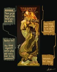 2026 ankle_cuffs anthro bodily_fluids brown_body brown_fur calico_cat chained_to_wall chains clenched_teeth collar cuff_(restraint) degradation dialogue digital_media_(artwork) domestic_cat english_text felid feline felis fur genital_fluids golden_shower group hi_res looking_up male mammal metal_collar metal_cuffs nude_male offscreen_character orange_body orange_fur oubliette pawpads peeing pink_pawpads punishment restraints tail teeth text timesnewhomo urine urine_on_chest urine_on_face urine_on_leg urine_pool watersports white_body white_fur