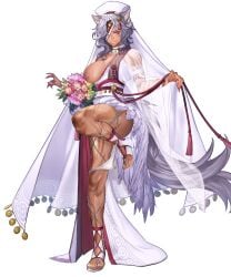 1girls alternate_costume artist_request bare_legs bouquet breasts breasts_out bride dark-skinned_female dark_skin edit edited_official_artwork female_focus fire_emblem fire_emblem:_radiant_dawn fire_emblem_heroes flower green_eyes grey_hair large_breasts leg_up nail_polish nailah_(bridal)_(fire_emblem) nailah_(fire_emblem) nintendo nipples nude_filter official_alternate_costume official_art one_breast_out panties panties_down red_nails see-through solo source_request veil wedding_dress white_panties wolf_girl