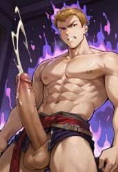 1boy 1guy abs ai_generated bara biceps big_penis erect_penis erection fire_emblem fire_emblem:_the_blazing_blade gay huge_cock ia ia_generated linus_reed male muscular muscular_male serious_face serious_look yaoi