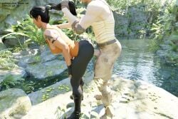 dark-skinned_female from_behind interracial light-skinned_male outside overwatch pharah pulling_hair ripped_pants sham_art tattoo