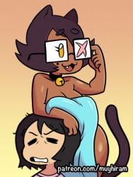 arm_on_head black_hair black_tail_(character) black_tail_(muyhiram) brown_hair brown_tail cat_collar cat_ears cat_girl cat_tail catgirl covered_body frowning glasses gradient_background looking_away mole_on_cheek muyhiram oiled_body oiled_skin orange_background short_hair towel yellow_background yellow_eyes yumi_(muyhiram)