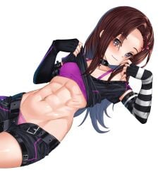 abs belt black_shirt bra bra_strap breasts brown_hair ceijin choker clothes_lift commission commissioner_upload digital_hazard dusk_(wayanfa) elbow_gloves eyelashes female fingerless_gloves frilled_shirt frills gloves grey_eyes hair_ornament hairclip highres long_bangs long_hair looking_at_viewer lying navel non-web_source off-shoulder_shirt off_shoulder open_clothes open_shorts original panties petite shirt shirt_lift short_sleeves shorts small_breasts smug solo sprawled thighs transparent_background underwear