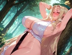 1girls against_tree ai_generated armpits arms_behind_head arms_up balecxi bangs blonde_hair blush bracelet breasts celestine_lucullus circlet cleavage clothing covered_nipples curvaceous curvaceous_female curvaceous_figure curvy curvy_figure day dress dutch_angle earrings elf elf_ears elf_female female female_focus female_only forest green_eyes half-closed_eyes halterneck head_wreath huge_breasts inviting inviting_to_sex jewelry kuroinu_~kedakaki_seijo_wa_hakudaku_ni_somaru~ large_breasts laurel_crown lips long_hair looking_at_viewer mature_female nature no_panties o-ring outdoors parted_bangs parted_lips pointy_ears presenting presenting_ass presenting_breasts presenting_hindquarters presenting_self revealing_clothes seductive seductive_look seductive_smile sideboob smile solo sweat thick_thighs thighs tree very_long_hair voluptuous voluptuous_female wet white_dress