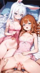 ai_assisted ai_generated blue_eyes brown_hair bunny_ears bunny_girl human_female laying_beside_female laying_down laying_on_back laying_on_bed lifting_own_clothes mff_threesome nightgown_lift open_mouth orgasm_from_vaginal petite_female pink_clothing pink_nightgown small_breasts two_girls waiting_for_sex waiting_for_turn watching watching_sex white_hair