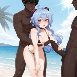 2boys abs ahoge ai_generated areola_slip beach bent_over bikini black_bikini blue_hair blue_sky blush breast_grab breasts brokewyt choker cloud collarbone completely_nude dark-skinned_male dark_skin day erection female ganyu_(genshin_impact) genshin_impact goat_horns grabbing group_sex handjob horns interracial large_penis long_hair medium_breasts micro_bikini mmf_threesome multiple_boys multiple_penises nude ocean open_mouth outdoors penis purple_eyes sex sky standing straight sun sunlight swimsuit testicles threesome uncensored water