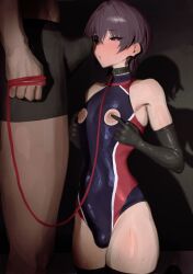 2boys blush boxers_(clothing) boxers_only bulge collar crossdressing duo femboy fingers_on_nipples hearts_in_eyes holding_leash latex_gloves latex_thighhighs leash male male_only maledom malesub nipple_cutout on_knees one_piece_swimsuit penis_in_face petite_male purple_hair red_leash shadow size_difference swimsuit_bulge yagi_764364