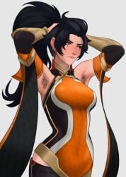 absurd_res anran armpit_crease armpit_fetish armpit_hair armpit_peek armpits black_hair female female_focus female_only hairy_armpits highres mavexion overwatch overwatch_2 sfw toned_body tummy_bulge