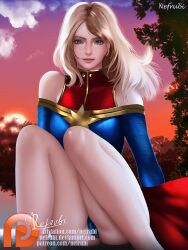 1girls blonde_hair captain_marvel carol_danvers female looking_at_viewer marvel nefrubi sitting star superheroine