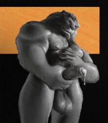 anthro armpit_hair balls big_balls big_muscles big_pecs big_penis bodily_fluids body_hair cum emit erection father felid genital_fluids genitals glans grey_hair hair hairy happy_trail hi_res lion male male/male mammal masturbation mature_anthro mature_male musclegut muscular muscular_male nipples nude pantherine parent pecs penis precum simple_background smile solo thick_thighs white_background